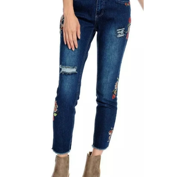 Indigo Thread Co Denim - Indigo Thread Co. | Floral Embroidered Skinny Jeans with Freyed Hem